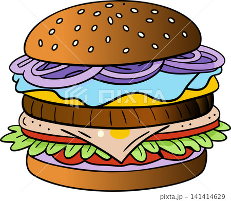 Cartoon Burger With Lettuce, Tomato, And Cheese. Vector Hand Drawn Illustration Isolated On Transparent Background 141414629