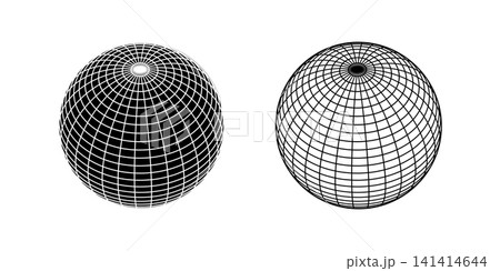 Black and white globe figures with wireframe structures. Spherical shapes, meshed balls isolated on white background. Earth spheres with longitude and latitude lines. Vector graphic illustration Black and white globe figures with wireframe structures. Spherical shapes, meshed balls isolated on white background. Earth spheres with longitude and latitude lines. Vector graphic illustration 141414644