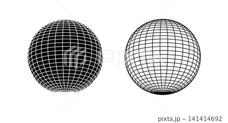 Black and white globe figures with wireframe structure. Orb models, spherical shapes, meshed balls. Earth spheres with longitude and latitude lines. Network concept. Vector graphic illustration 141414692
