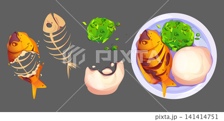 Grilled fish with salad on plate, food leftovers Grilled fish with salad on plate, food leftovers 141414751