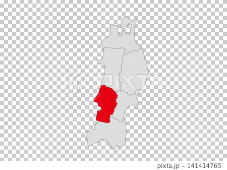 A grayscale vector illustration of the six prefectures of the Tohoku region, with Yamagata Prefecture highlighted in red. A grayscale vector illustration of the six prefectures of the Tohoku region, with Yamagata Prefecture highlighted in red. 141414765