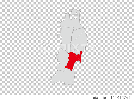A grayscale vector illustration of the six prefectures of the Tohoku region, with Miyagi Prefecture highlighted in red. A grayscale vector illustration of the six prefectures of the Tohoku region, with Miyagi Prefecture highlighted in red. 141414766