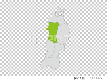 A grayscale vector illustration of the six prefectures of the Tohoku region, with Akita Prefecture highlighted in green. A grayscale vector illustration of the six prefectures of the Tohoku region, with Akita Prefecture highlighted in green. 141414770