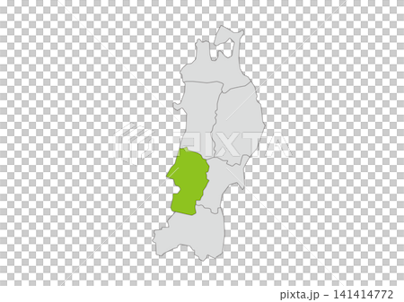 A grayscale vector illustration of the six prefectures of the Tohoku region, with Yamagata Prefecture highlighted in green. A grayscale vector illustration of the six prefectures of the Tohoku region, with Yamagata Prefecture highlighted in green. 141414772