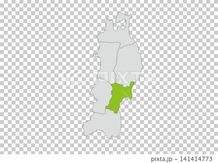 A grayscale vector illustration of the six prefectures of the Tohoku region, with Miyagi Prefecture highlighted in green. A grayscale vector illustration of the six prefectures of the Tohoku region, with Miyagi Prefecture highlighted in green. 141414773