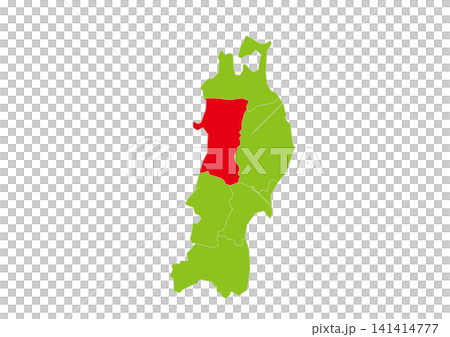 A vector illustration of a green map of the six prefectures of the Tohoku region, with Akita Prefecture highlighted in red. 141414777