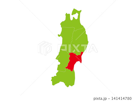 宮城県を赤色で強調した東北地方6県の緑地図ベクターイラスト 141414780