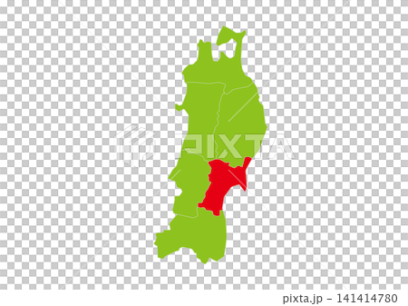 宮城県を赤色で強調した東北地方6県の緑地図ベクターイラスト 141414780