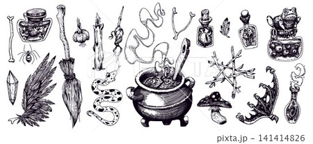 Vintage witchcraft sketch with potion bottles 141414826