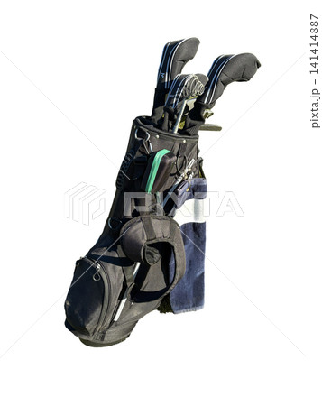 Black Golf Bag With Clubs and an attached Stand on a White Background Black Golf Bag With Clubs and an attached Stand on a White Background 141414887
