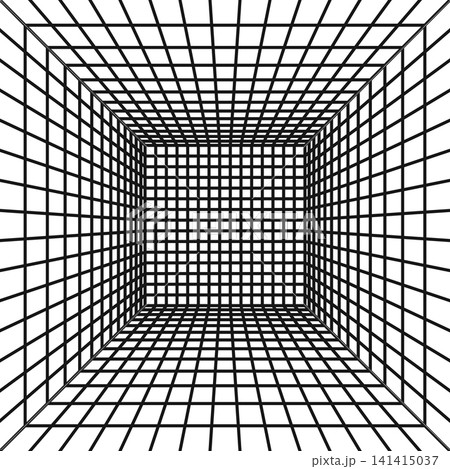 Black square wireframe in perspective on white background. Quadrangular room or portal grid texture in futuristic style. 3D cage structure. Metaverse space. Vector graphic illustration Black square wireframe in perspective on white background. Quadrangular room or portal grid texture in futuristic style. 3D cage structure. Metaverse space. Vector graphic illustration 141415037