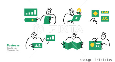 Business. Doodle line character set featuring business people with charts, graphs, documents, maps, presentations, and creative ideas for planning and business growth. Business. Doodle line character set featuring business people with charts, graphs, documents, maps, presentations, and creative ideas for planning and business growth. 141415139