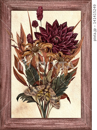Vintage-style autumn bouquet with a moth, in a frame. Illustration for a greeting card, poster, or event decor. 141415249