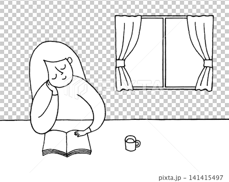 窓のある部屋で読書する女性のシンプルモノクロ線画イラスト素材 窓のある部屋で読書する女性のシンプルモノクロ線画イラスト素材 141415497