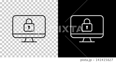 A desktop PC icon with a padlock displayed on the screen. A set of monochrome black and white vector illustrations. A desktop PC icon with a padlock displayed on the screen. A set of monochrome black and white vector illustrations. 141415827