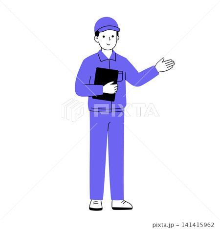 タブレットを持って説明する作業服姿の男性 タブレットを持って説明する作業服姿の男性 141415962