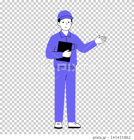 タブレットを持って説明する作業服姿の男性 タブレットを持って説明する作業服姿の男性 141415962