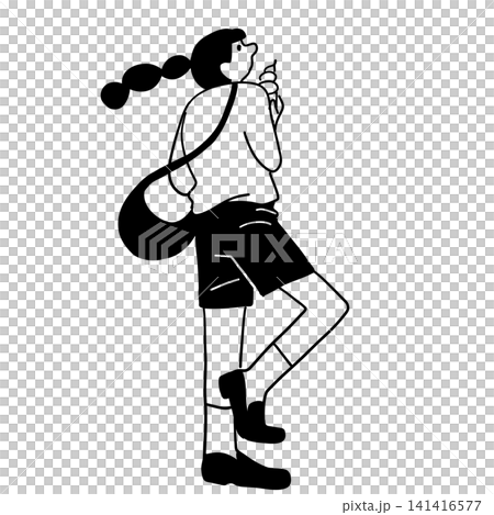 一位女子手拿冰淇淋,抬頭望向前方,擺出一個姿勢。 一位女子手拿冰淇淋,抬頭望向前方,擺出一個姿勢。 141416577