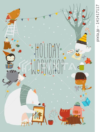 Cartoon Cute Frame With Animals Getting Ready For Christmas, Painting,Handiwork. Holidays Workshop 141417117