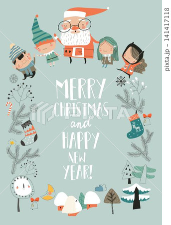 Cartoon Cute Frame With Santa Claus and Children 141417118