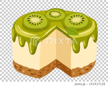 Kiwi cheesecake slice with green glaze and biscuit crust Kiwi cheesecake slice with green glaze and biscuit crust 141417126