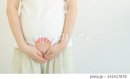 Incontinence and frequent urination during pregnancy. Bladder with urine illustration on pregnant woman body against gray background. Incontinence and frequent urination during pregnancy. Bladder with urine illustration on pregnant woman body against gray background. 141417670