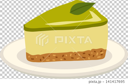 Matcha cheesecake slice with green tea topping and biscuit crust on white plate Matcha cheesecake slice with green tea topping and biscuit crust on white plate 141417695