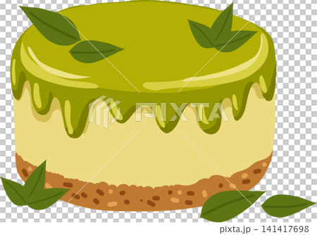 Whole green tea cake with dripping matcha icing. Cartoon matcha cheesecake Whole green tea cake with dripping matcha icing. Cartoon matcha cheesecake 141417698