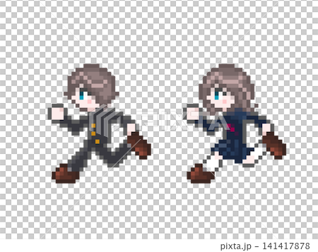 Pixel art of male and female students in sailor uniforms and school uniforms running. Pixel art of male and female students in sailor uniforms and school uniforms running. 141417878