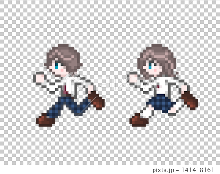 Pixel art depicting male and female students in school uniforms running. Pixel art depicting male and female students in school uniforms running. 141418161