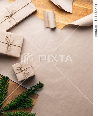 Minimal Christmas Packaging Scene Wrapped Presents Minimal Christmas Packaging Scene Wrapped Presents 141418214