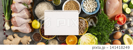 Healthy food banner notebook nutrition planning Healthy food banner notebook nutrition planning 141418249
