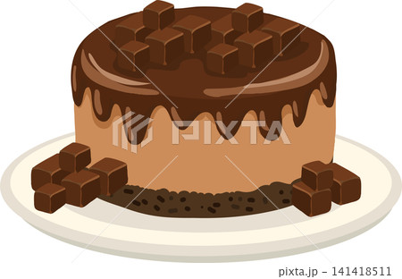 Chocolate dessert cake with rich cocoa glaze. Round chocolate cake with glossy cocoa frosting and chocolate cubes 141418511