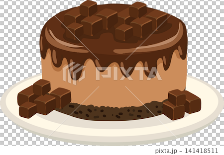 Chocolate dessert cake with rich cocoa glaze. Round chocolate cake with glossy cocoa frosting and chocolate cubes Chocolate dessert cake with rich cocoa glaze. Round chocolate cake with glossy cocoa frosting and chocolate cubes 141418511