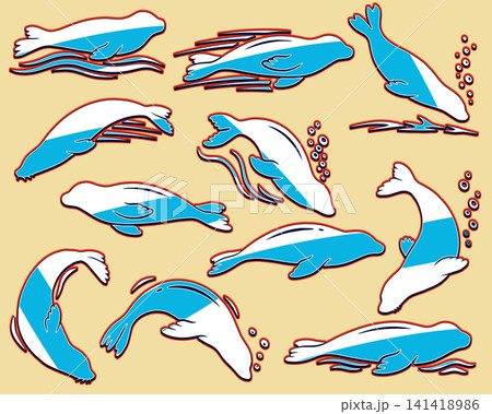泳ぐアザラシのカラフルなベクターイラストセット 泳ぐアザラシのカラフルなベクターイラストセット 141418986