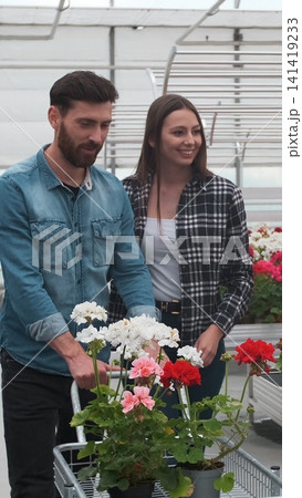 Vertical video Young couple Buying Flowers in a Sunlit Garden Shop. 4K. Coupe shopping for decorative plants on a sunny floristic greenhouse market. Home and Garden concept. 141419233