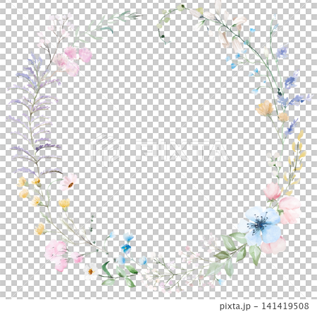 Watercolor floral wreath with pastel wildflowers, isolated floral illustration for wedding stationery Watercolor floral wreath with pastel wildflowers, isolated floral illustration for wedding stationery 141419508