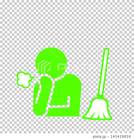 A pictogram (green) of a person sighing in exhaustion after sweeping with a broom. A pictogram (green) of a person sighing in exhaustion after sweeping with a broom. 141419859