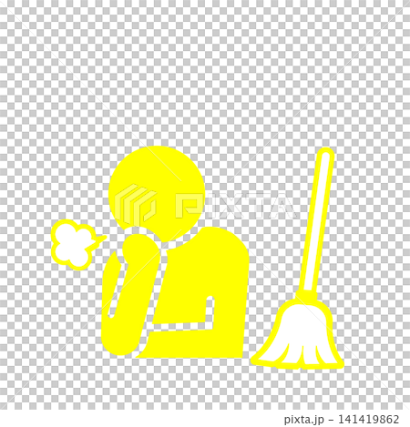A pictogram (yellow) of a person sighing in exhaustion after sweeping with a broom. A pictogram (yellow) of a person sighing in exhaustion after sweeping with a broom. 141419862