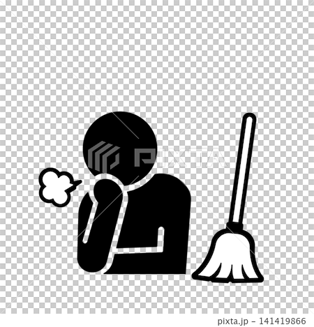 箒で掃除をして疲れてため息をつく人物のピクトグラム(黒) 箒で掃除をして疲れてため息をつく人物のピクトグラム(黒) 141419866