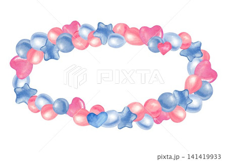 An oval wreath of pink and blue helium balloons and heart-shaped stars, hand-painted in watercolor on an isolated background. Illustrations for baby shower and birthday card and invitation design 141419933