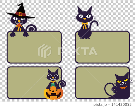 Cute black cat Halloween card frame and message label design set Cute black cat Halloween card frame and message label design set 141420053
