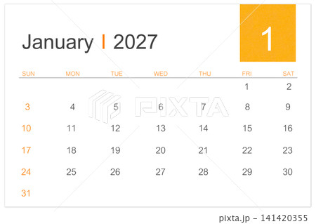 January calendar page for 2027 year isolated on white background, Save clipping path. January calendar page for 2027 year isolated on white background, Save clipping path. 141420355
