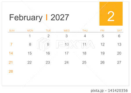 February calendar page for 2027 year isolated on white background, Save clipping path. February calendar page for 2027 year isolated on white background, Save clipping path. 141420356