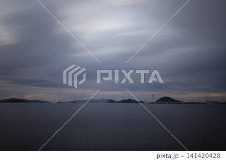 sunset on the beach. Seaside town of Turgutreis and spectacular sunsets. Selective Focus. Long Exposure shoot. tranquility scene. 141420428