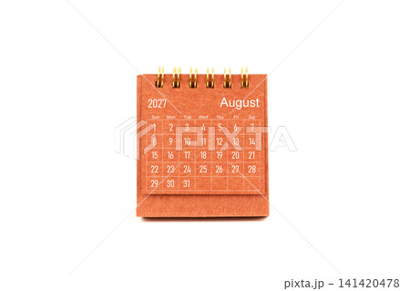 August 2027. Front view of mini desk calendar on white. August 2027. Front view of mini desk calendar on white. 141420478