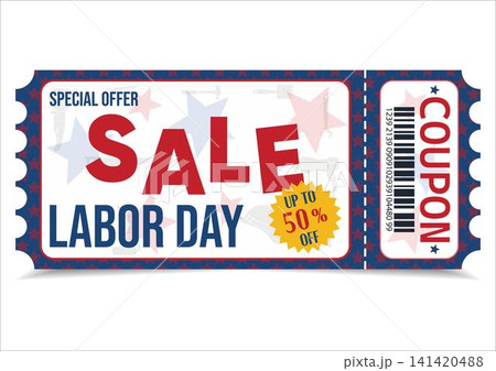 Patriotic Labor Day sale coupon featuring American stars pattern, tools background, bold typography, and a fifty percent discount offer, ideal for retail stores during the holiday shopping season even 141420488