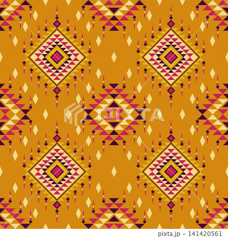 Seamless repeating geometric diamond pattern with ornamental ethnic-inspired motifs in mustard, purple and pink, suitable for textile printing, wallpaper, wrapping paper and decorative backgrounds. 141420561