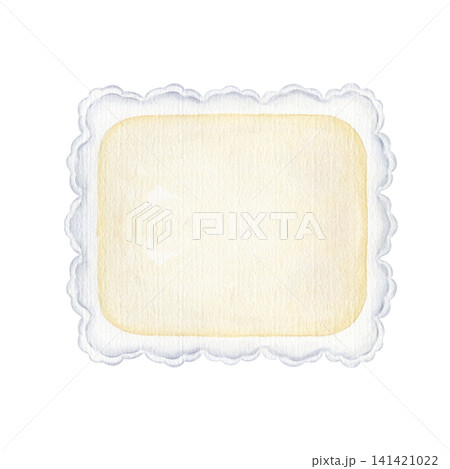 Watercolor scalloped rectangular frame with wavy white edges and yellow center. Paper border illustration on isolated background. Decorative template for invitation, greeting card, photo placeholder. 141421022