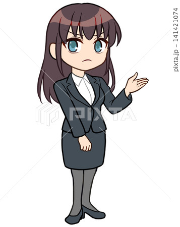 怒り顔のスーツ姿で案内する女の子のイラスト 怒り顔のスーツ姿で案内する女の子のイラスト 141421074